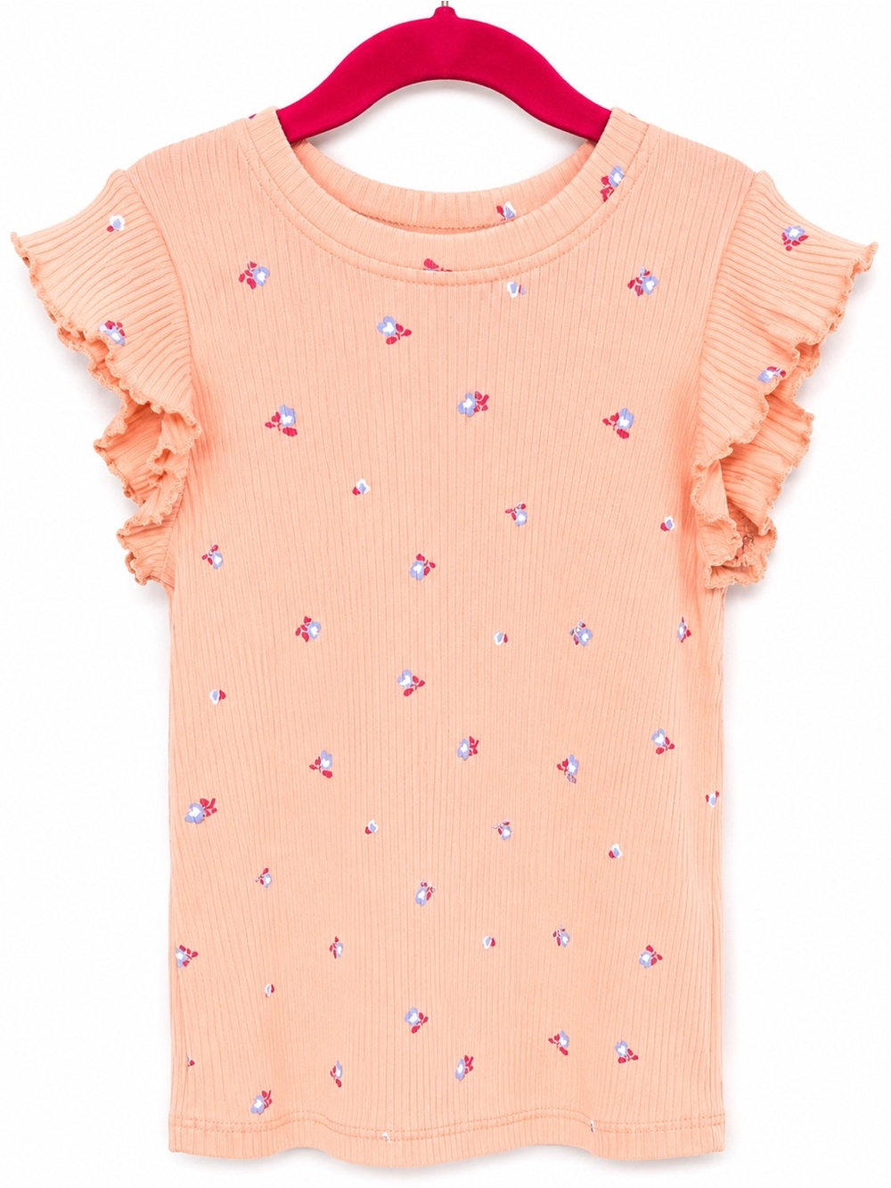 PEKKLE Girls Size 6 Peach Coral Pink Ribbed Flutter Sleeve Floral Top